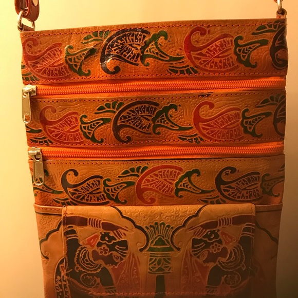 Shantiniketan Leather Boho Cross-body/Sling/Messenger Bag Hand Carved & Painted - Picture 1 of 4
